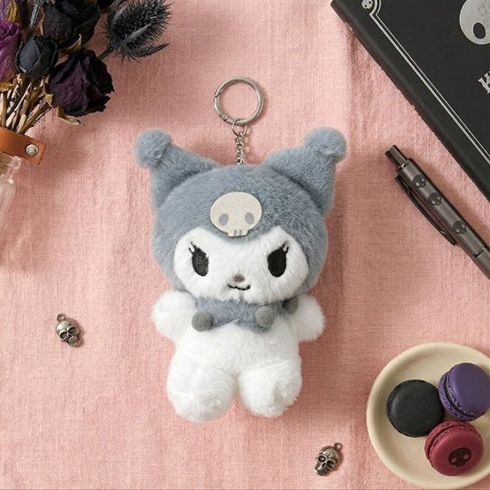 An officially licensed Sanrio fluffy monochromatic tone of grey and white Kuromi plush keychain with a silver metal keychain
