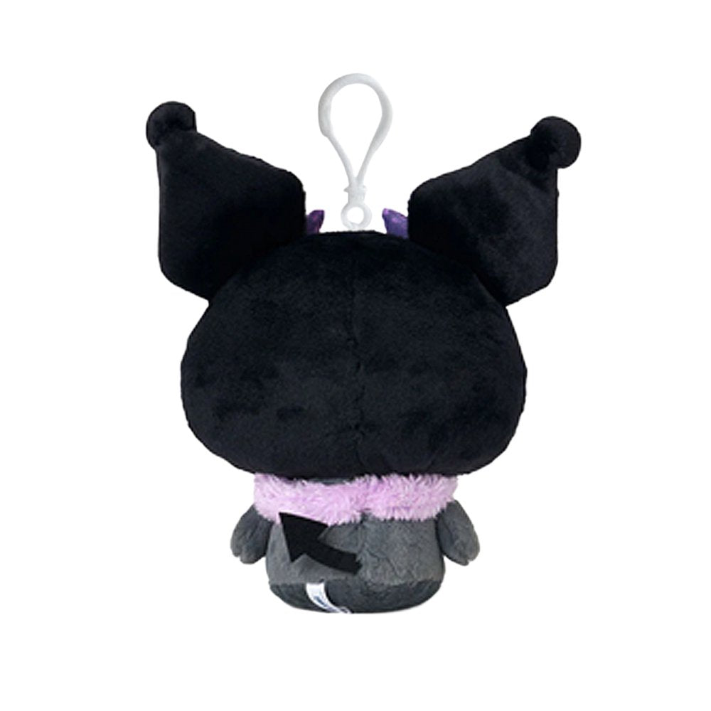 An officially licensed Kuromi plush keychain dressed in a black gothic outfit with purple bat wings and horns. She wears a fuzzy purple collar and a black lace bow, with a white plastic clip attached to her head.