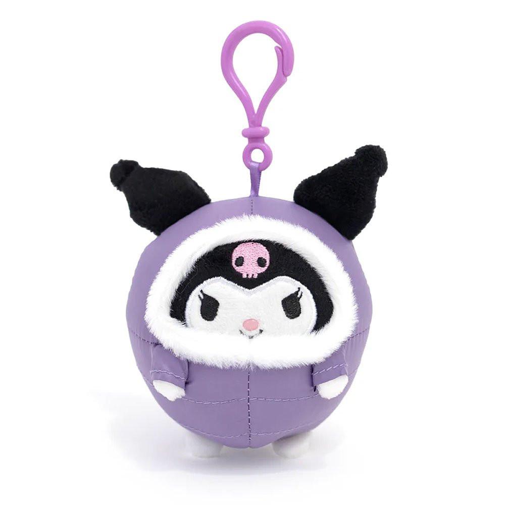 Officially licensed by Sanrio Kuromi plush keychain in winter purple color puffer jacket . on a white background. There're perfect for bagpack charm, keychain, displaying, or gifting to Sanrio fans of all ages.