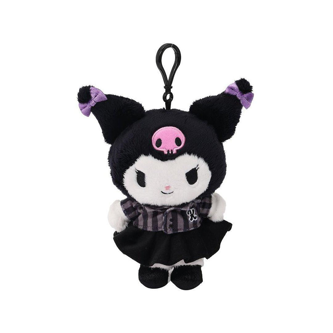 Officially licensed Kuromi bag clip plush doll wearing a in a school uniform. She wears a black and white plaid school uniform dress with a black velvet pleated skirt. Perfect size to attach to your backpack, bag, purse, car, or pants. Ideal collectible toy for fans and Sanrio enthusiasts.
