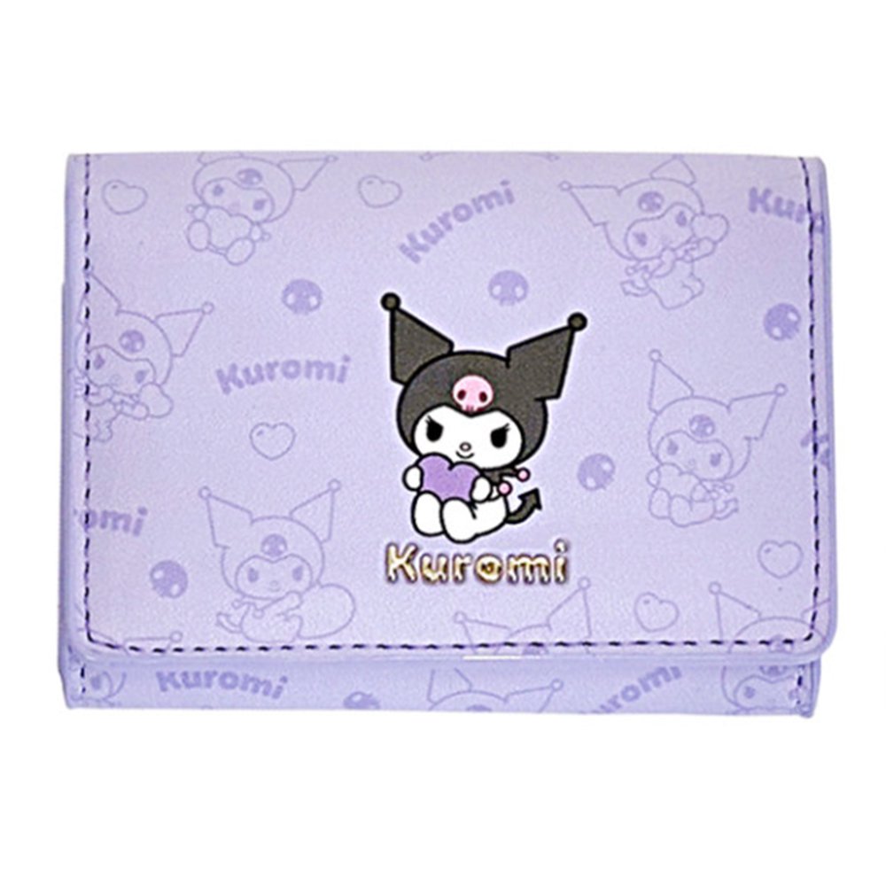 An officially licensed collection of Sanrio character mini wallet in purple featuring Kuromi with gold-lettered name