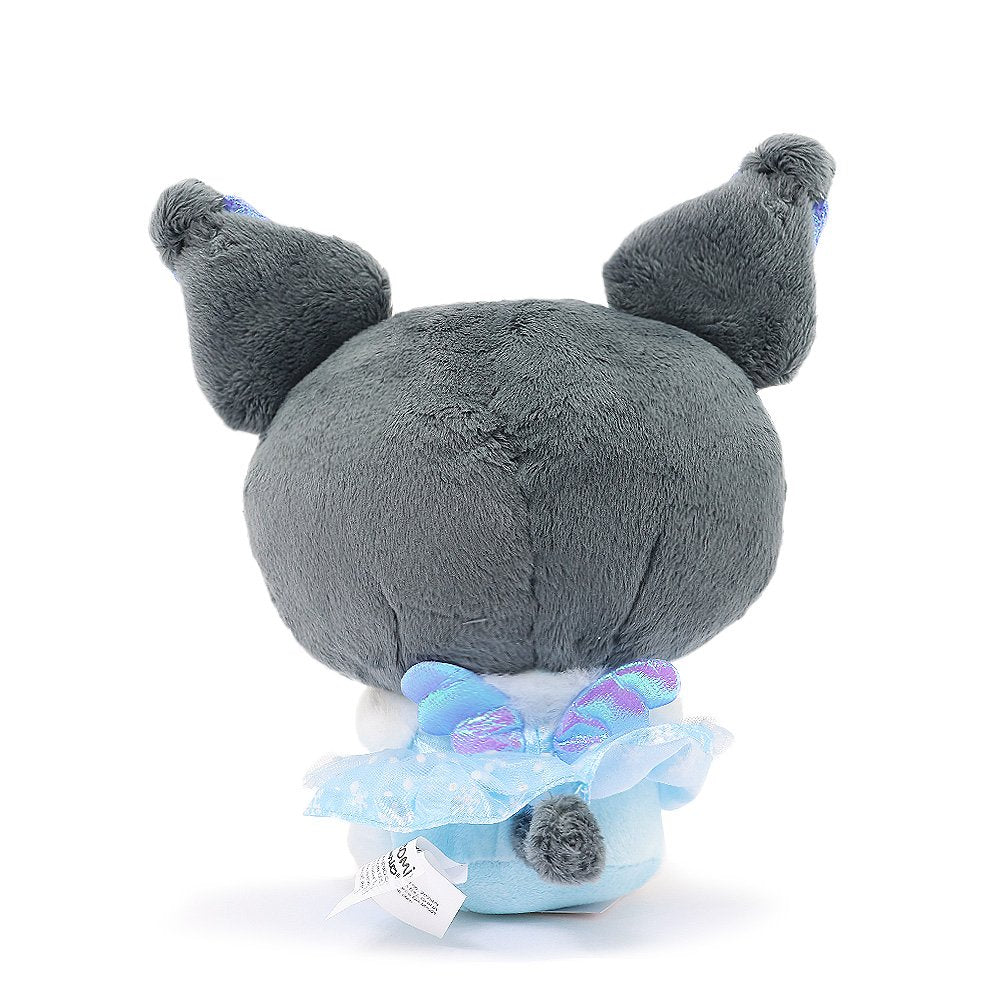 Sanrio Kuromi Snow Angel plush in a blue snowflake print dress with an iridescent bow, and wings