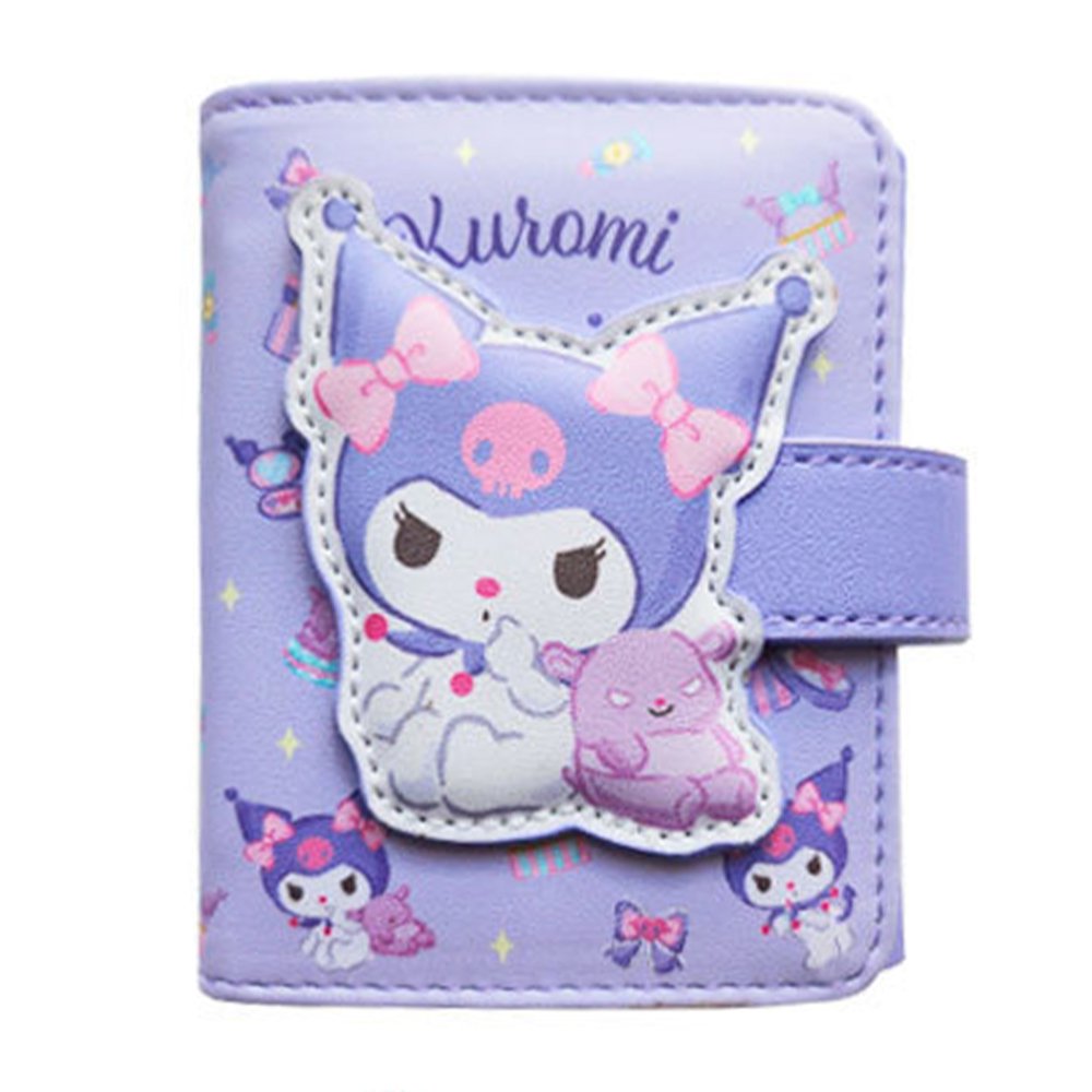 An officially licensed Sanrio collection of tri-fold wallet in purple featuring large 3D padded appliqués of Kuromi