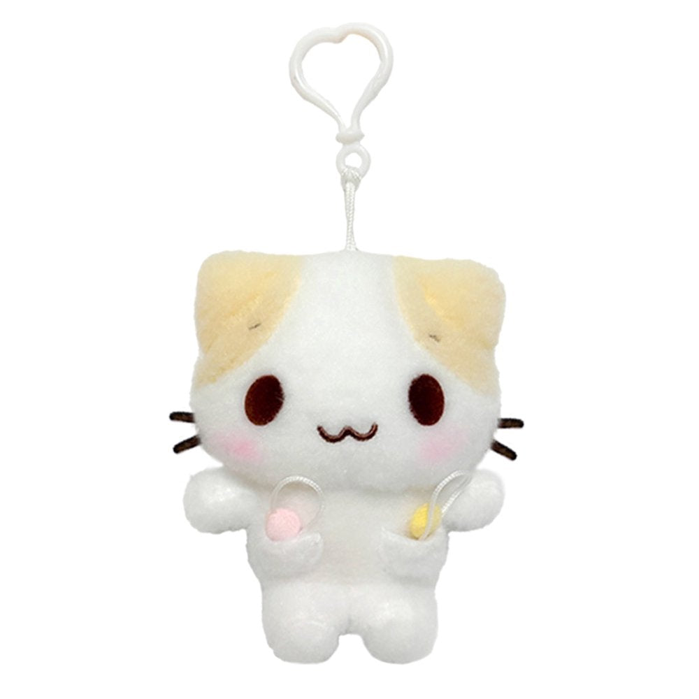 Officially licensed Sanrio character Mashumaro cat plush keychain with beige ears, pink blush, and tiny whiskers, featuring a white heart-shaped plastic clip.
