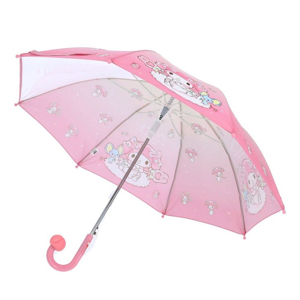 Pink Sanrio My Melody kids' umbrella featuring a pink gradient canopy with one clear see-through safety panel, finished with a 3D My Melody J-handle.
