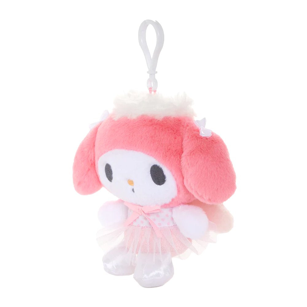 An officially licensed Sanrio My Melody plush keychain featuring My Melody in a pink ballerina tutu and polka-dot bodice. The plush includes white angel wings, tiny white bows on her ears, and a white plastic clip for easy attachment to bags or accessories.