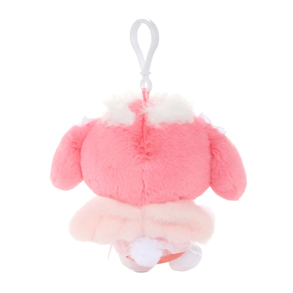 An officially licensed Sanrio My Melody plush keychain featuring My Melody in a pink ballerina tutu and polka-dot bodice. The plush includes white angel wings, tiny white bows on her ears, and a white plastic clip for easy attachment to bags or accessories.
