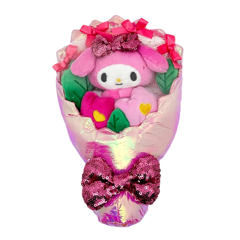 An officially licensed Sanrio My Melody plush bouquet featuring a pink plush character head and flower pillows wrapped in shimmering iridescent pink fabric. The bouquet is accented with several pink satin bows and a large, sparkling pink sequined bow at the base.