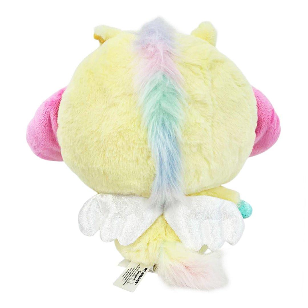 Sanrio officially licensed My Melody is transformed into a sparkling Pegasus wearing a super soft, fluffy yellow costume. Features shimmering pastel colors, glittery wings, and a gorgeous rainbow tail, making it a must-have fantasy friend. Perfect for gifting, collecting, or adding a vibrant pop of color to any room!