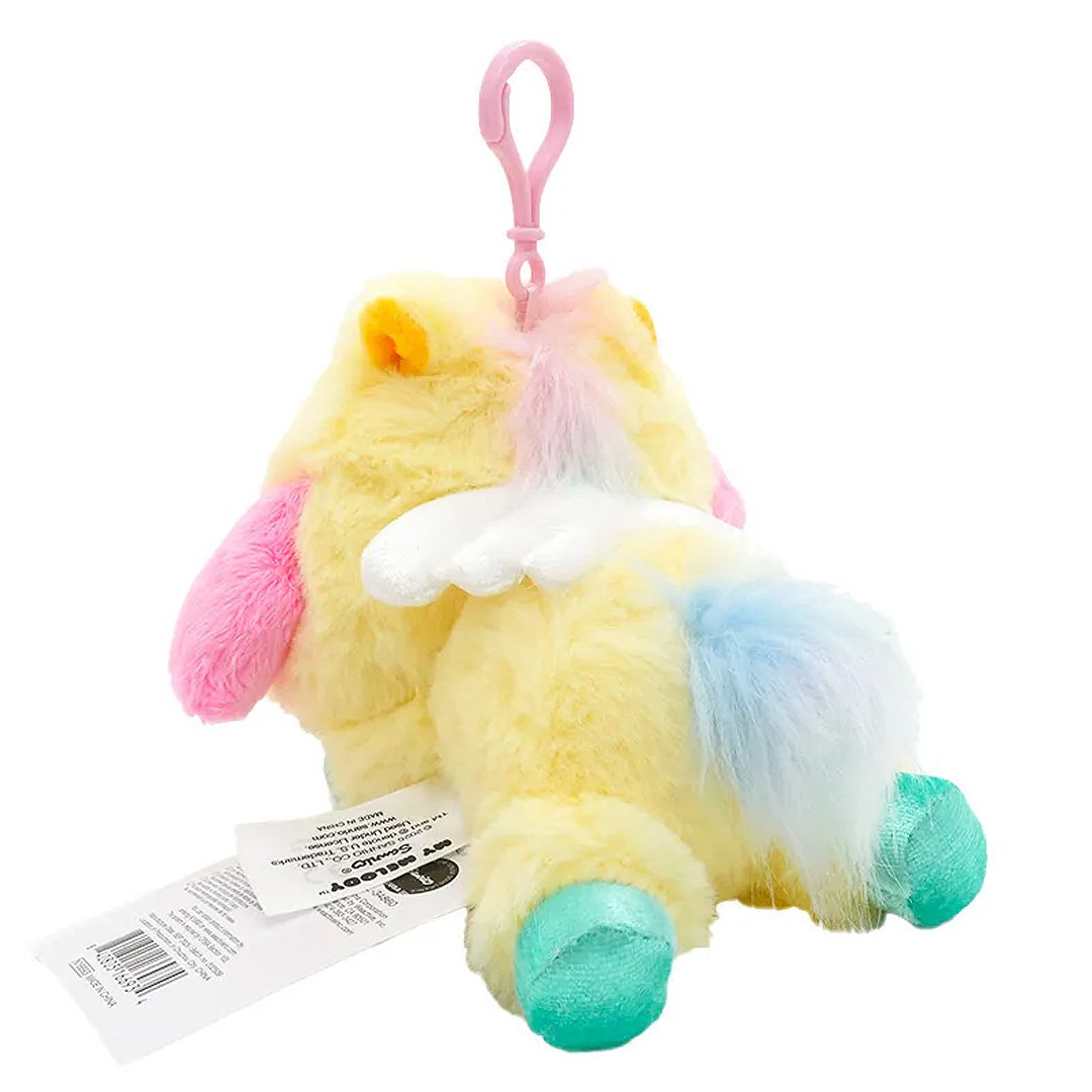 Officially licensed My Melody bag clip plush doll wearing a Pegasus custume a super soft, fluffy yellow costume. Features shimmering pastel colors, glittery wings, and a gorgeous rainbow tail, making it a must-have fantasy friend.. Perfect size to attach to your backpack, bag, purse, car, or pants. Ideal collectible toy for fans and Sanrio enthusiasts.