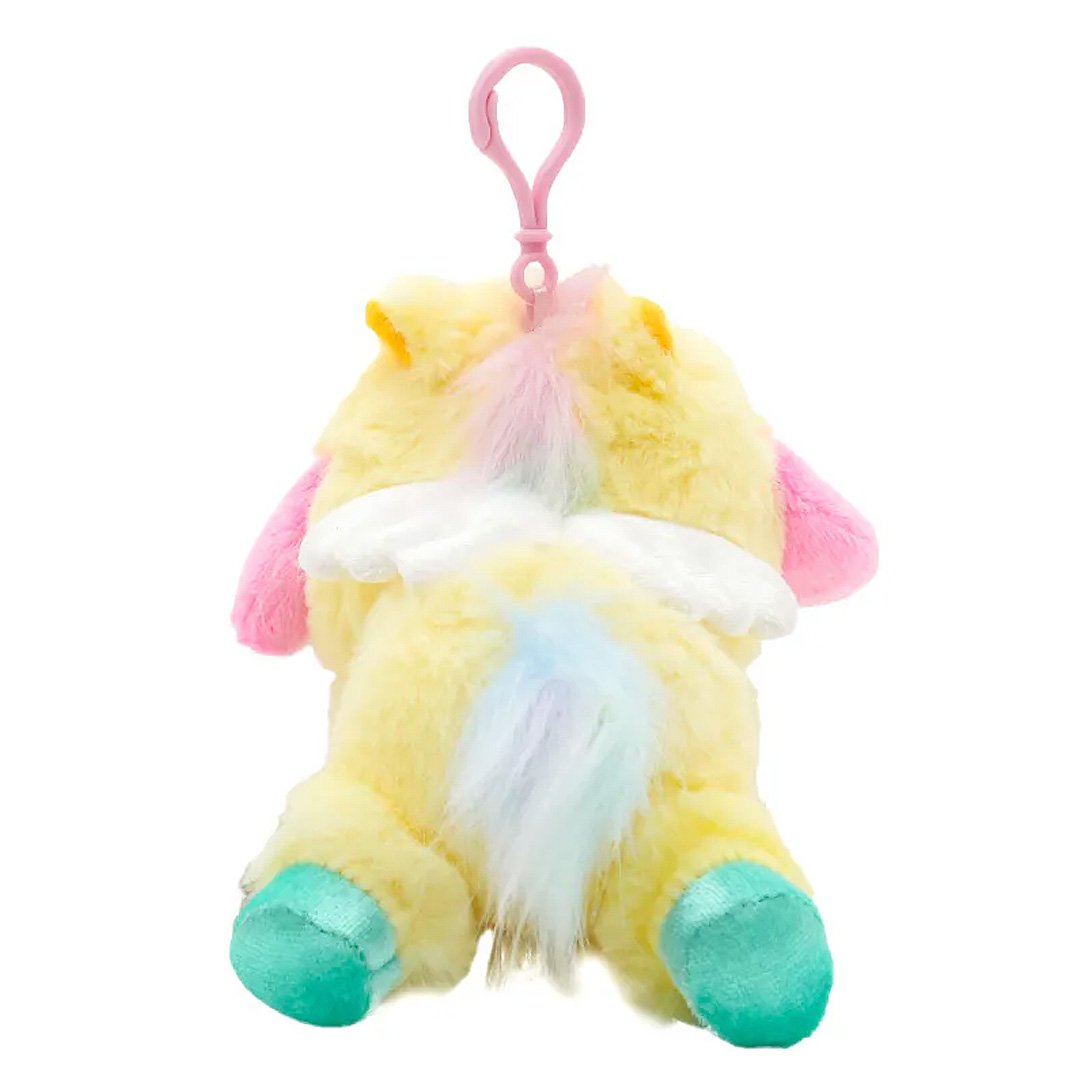 Officially licensed My Melody bag clip plush doll wearing a Pegasus custume a super soft, fluffy yellow costume. Features shimmering pastel colors, glittery wings, and a gorgeous rainbow tail, making it a must-have fantasy friend.. Perfect size to attach to your backpack, bag, purse, car, or pants. Ideal collectible toy for fans and Sanrio enthusiasts.