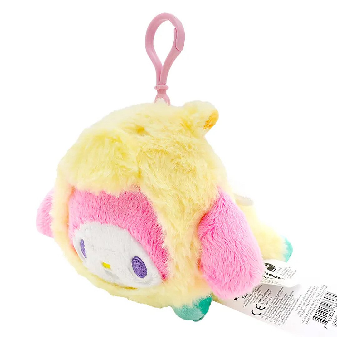 Officially licensed My Melody bag clip plush doll wearing a Pegasus custume a super soft, fluffy yellow costume. Features shimmering pastel colors, glittery wings, and a gorgeous rainbow tail, making it a must-have fantasy friend.. Perfect size to attach to your backpack, bag, purse, car, or pants. Ideal collectible toy for fans and Sanrio enthusiasts.