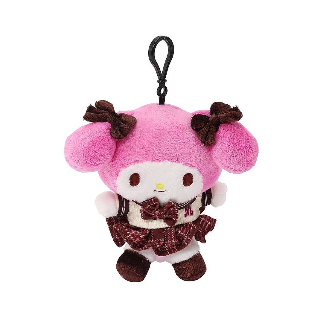 Officially licensed My Melody bag clip plush doll wearing a beige Knit and plaid school uniform, featuring a large matching plaid bow and brown velvet feet. Perfect size to attach to your backpack, bag, purse, car, or pants. Ideal collectible toy for fans and Sanrio enthusiasts.