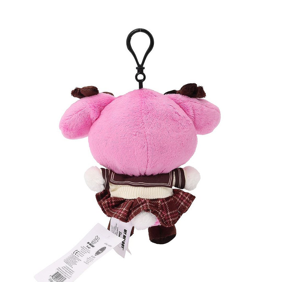 Officially licensed My Melody bag clip plush doll wearing a beige Knit and plaid school uniform, featuring a large matching plaid bow and brown velvet feet. Perfect size to attach to your backpack, bag, purse, car, or pants. Ideal collectible toy for fans and Sanrio enthusiasts.