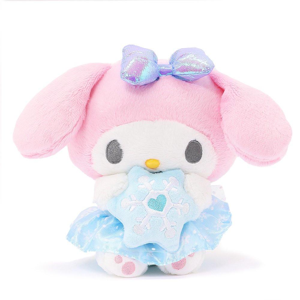 Magical My Melody Snow Angel plush sitting on soft clouds against a light blue background, creating a serene winter scene