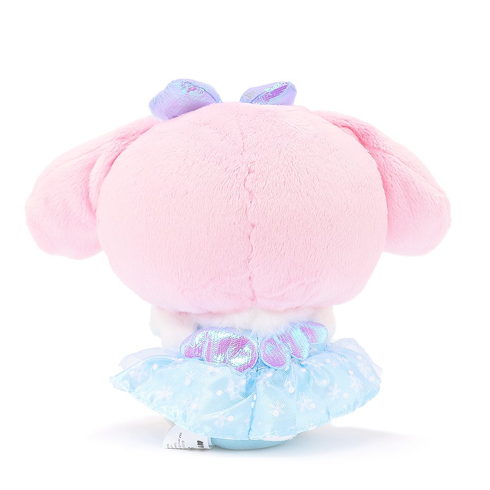 Sanrio My Melody Snow Angel 7-inch plush with iridescent bow, holding a blue snowflake, perfect for kawaii winter decor.