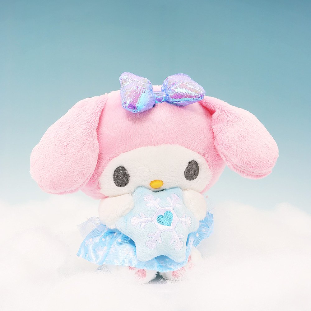 Magical My Melody Snow Angel plush sitting on soft clouds against a light blue background, creating a serene winter scene