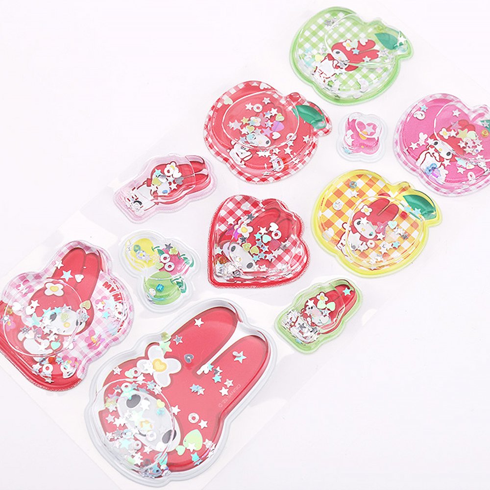 Pack of officially licensed My Melody water shaker stickers featuring glitter-filled, liquid-effect designs.