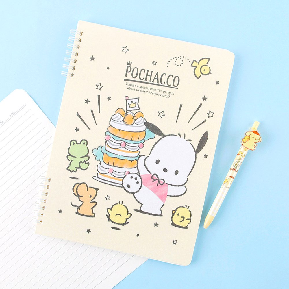 A soft yellow, officially licensed Pochacco spiral lined notebook featuring Pochacco celebrating next to a cake and the little friends.