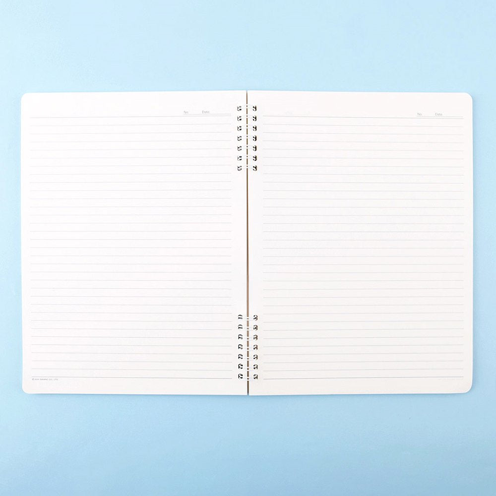 A soft yellow, officially licensed Pochacco spiral lined notebook featuring Pochacco celebrating next to a cake and the little friends.