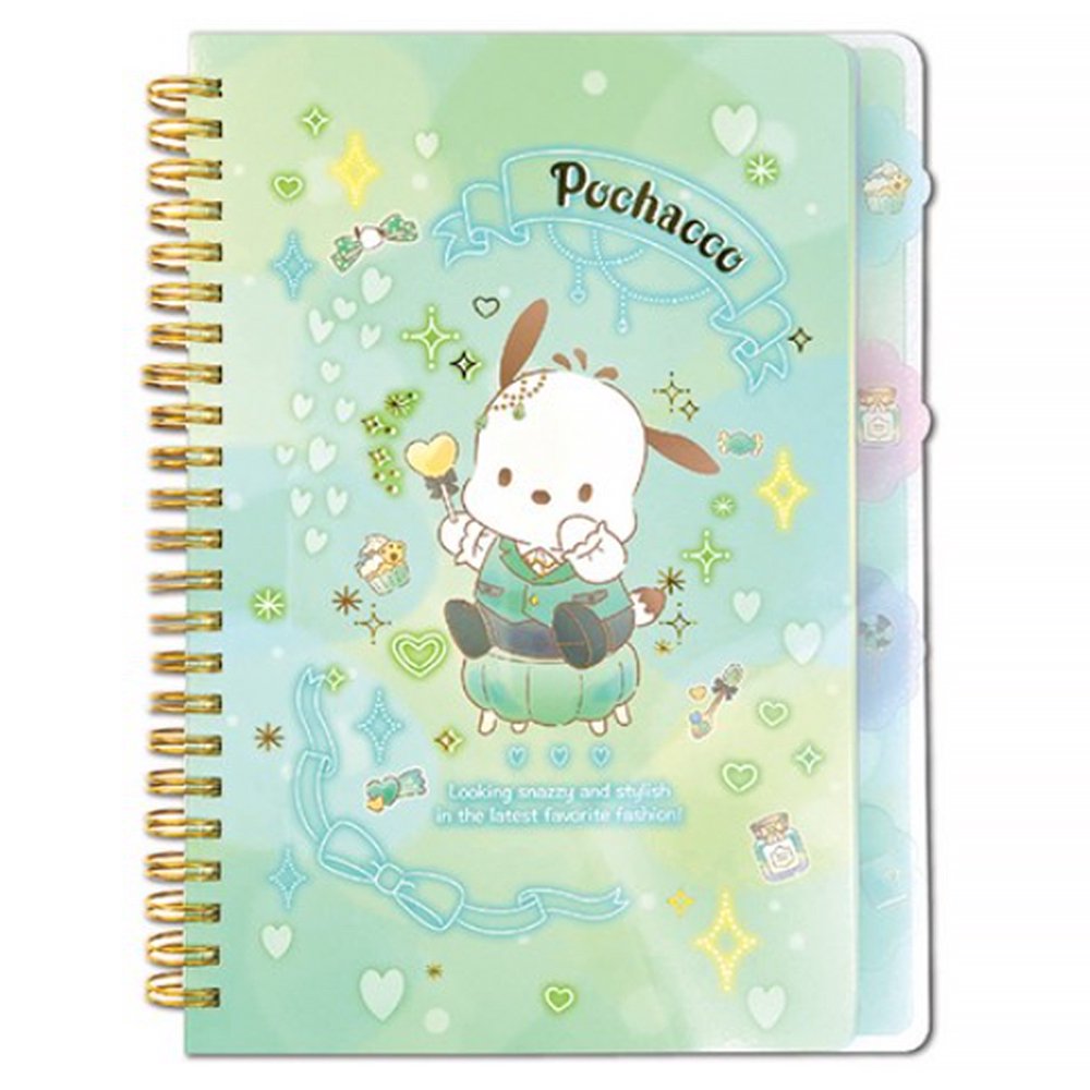 An officially licensed Sanrio Pochacco spiral-bound notebook, featuring a glitter finish with gold stars and an illustration of Pochacco. Includes four distinct, colorful dividers and five different interior page designs.
