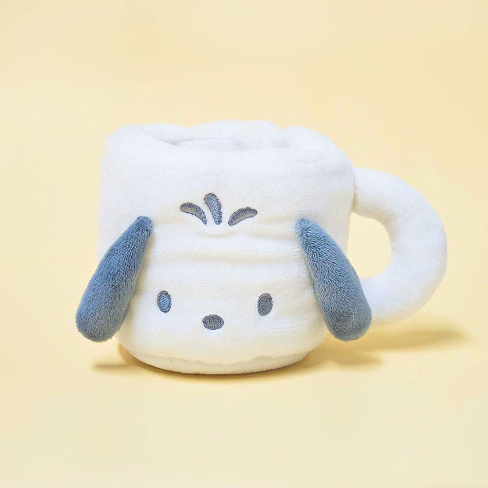 Sanrio Pochacco Plush toy shaped like a mug on a yellow background.