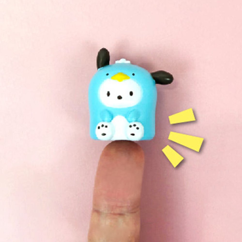 Five officially licensed Sanrio mini figures in colorful animal costumes, each packaged in a colorful box with a ball chain at the top. The collection includes Cinnamoroll, My Melody, Pochacco, Pompompurin, and Hello Kitty.