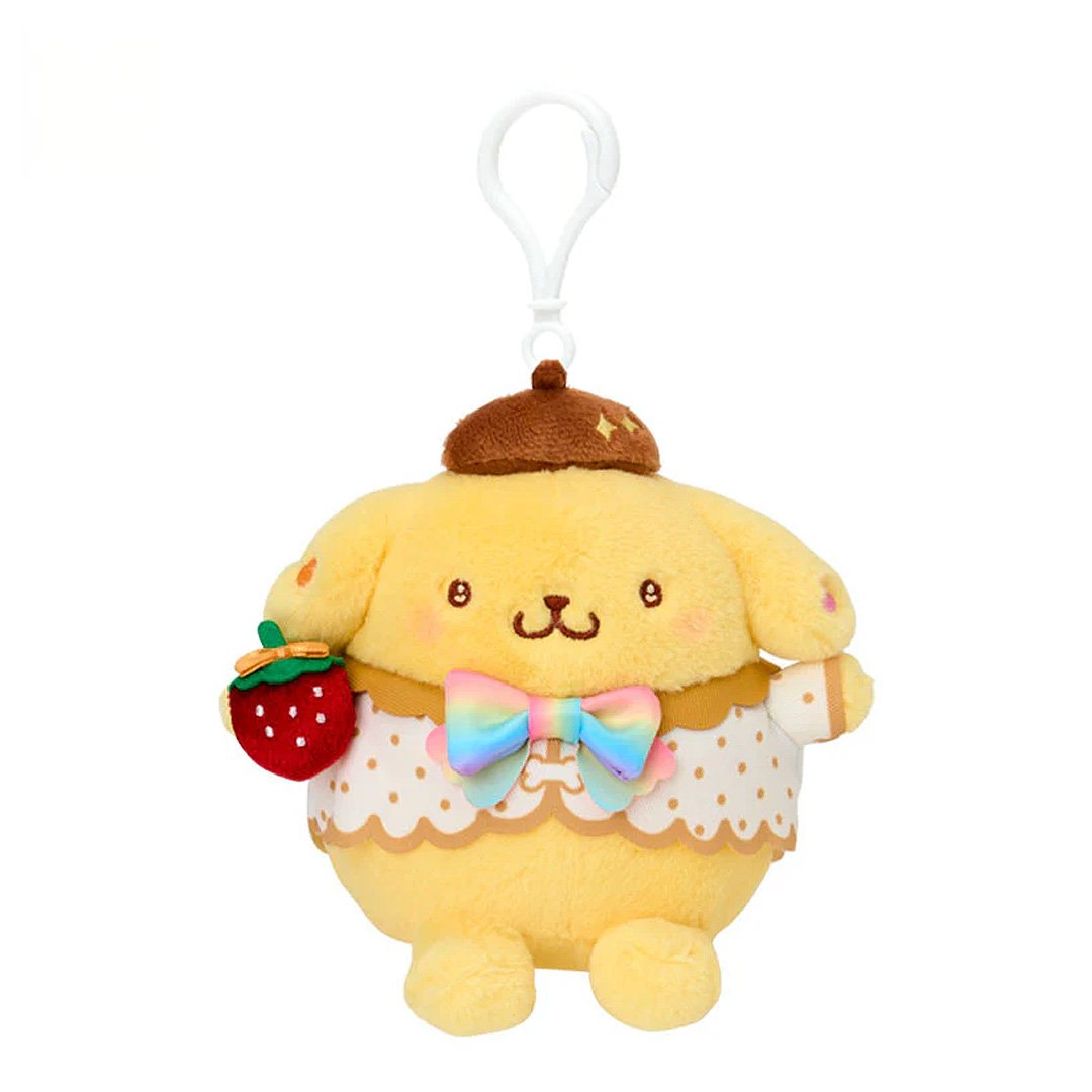 Officially licensed by Sanrio Pompompurin dressed in elegant white outfits with gold polka dots and vibrant rainbow bows, this large cast of beloved he is holding a velvet strawberry and features detailed embroidered heart accents in eyes their eyes. Perfect for adding a nautical touch of kawaii style to your bag, keys, or backpack.