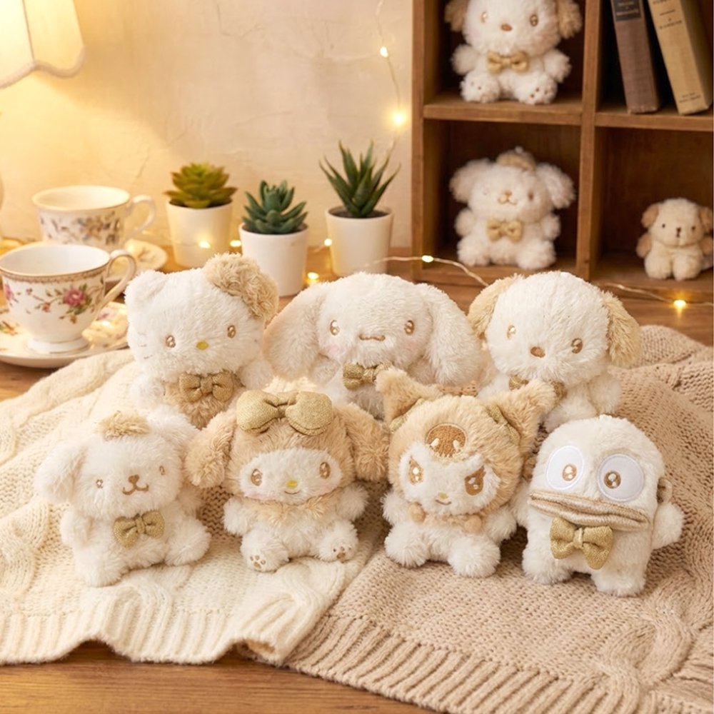 An officially licensed small and fluffy Sanrio characters Hello Kitty, My Melody, Cinnamoroll, Kuromi, Pompompurin, Pochacco, and Hangyodon sparkling gold tinsel fur and a metallic gold accessories.