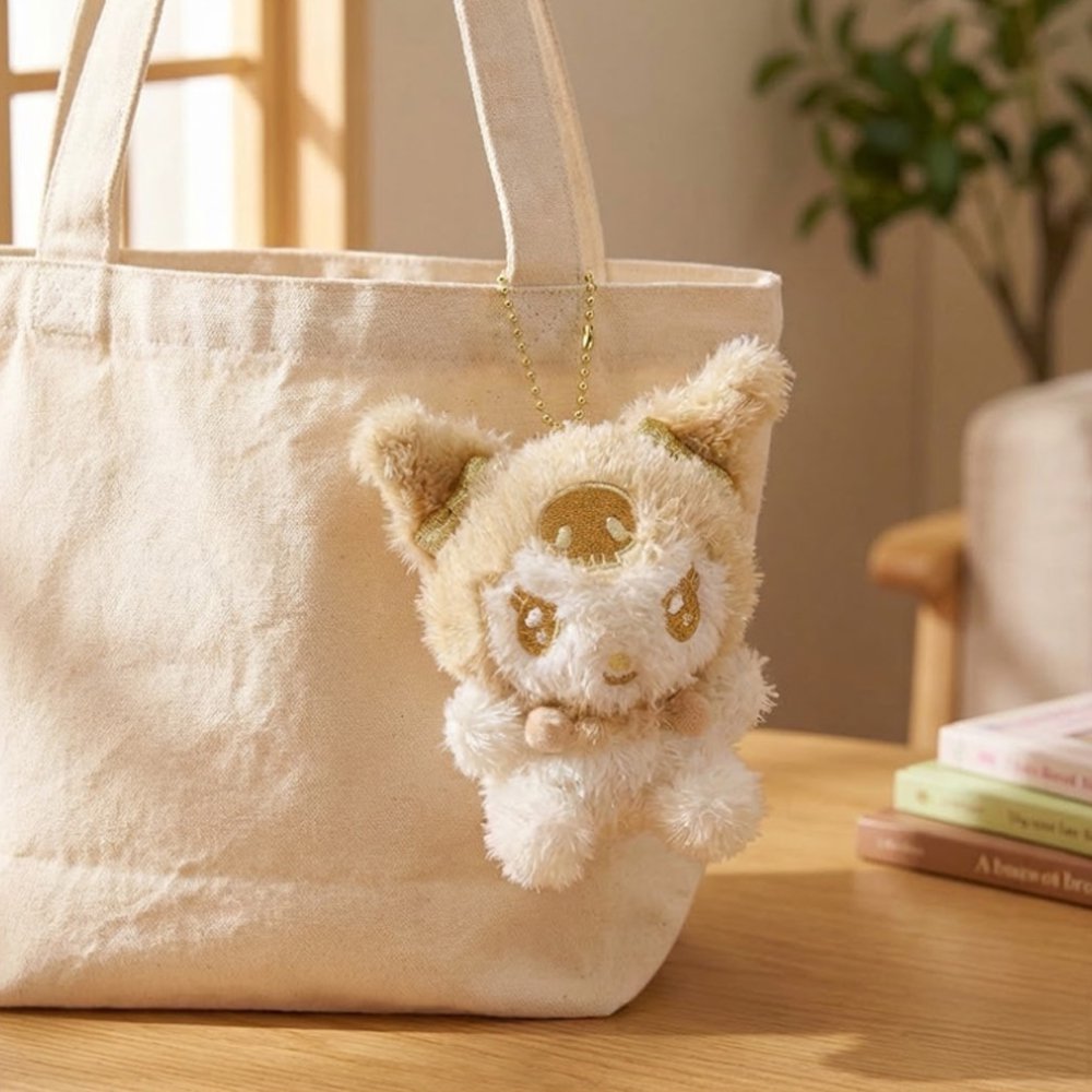 An officially licensed small and fluffy Sanrio characters Hello Kitty, My Melody, Cinnamoroll, Kuromi, Pompompurin, Pochacco, and Hangyodon sparkling gold tinsel fur and a metallic gold accessories.