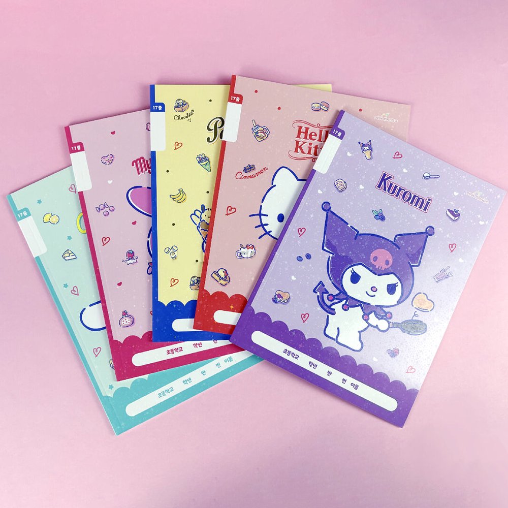 An officially licensed Usahana 17-lined Notebook in purple, featuring a central illustration of Usahana, surrounding cute flower icons, and a section at the bottom for student information