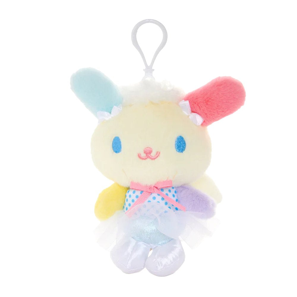 An officially licensed Sanrio Usahana plush keychain featuring the character with multicolored ears in a blue polka-dot ballerina tutu. The plush includes soft white angel wings, tiny bows on her ears, and a white plastic clip for easy attachment.
