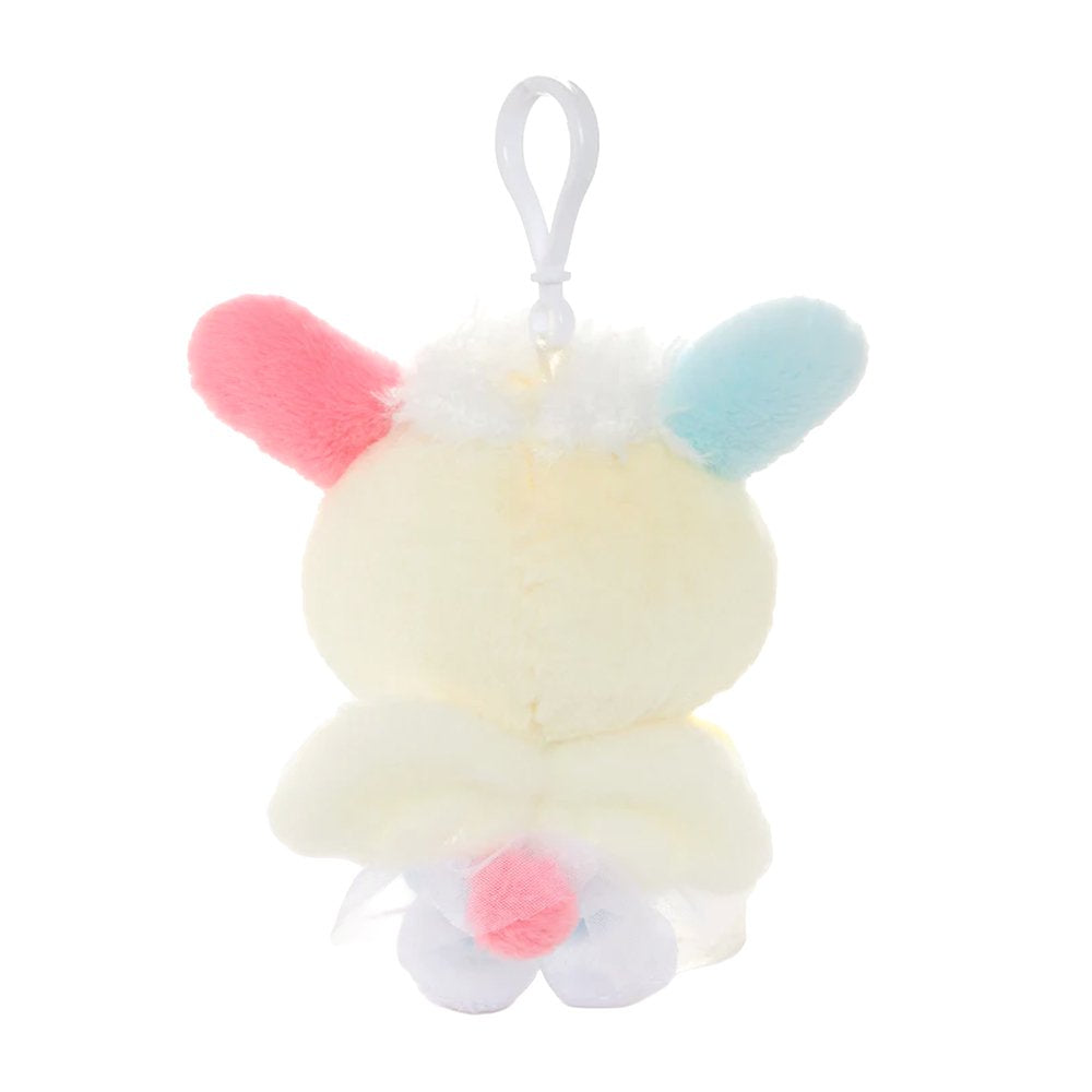 An officially licensed Sanrio Usahana plush keychain featuring the character with multicolored ears in a blue polka-dot ballerina tutu. The plush includes soft white angel wings, tiny bows on her ears, and a white plastic clip for easy attachment.