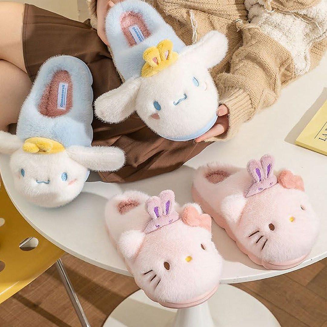 Sanrio officially licensed Hello Kitty, and Cinnamoroll Bunny Head Fur Slippers for children. Features include a fluffy pink exterior, iconic Sanrio face with bunny ears, and a soft, warm lining perfect for Girl Kids