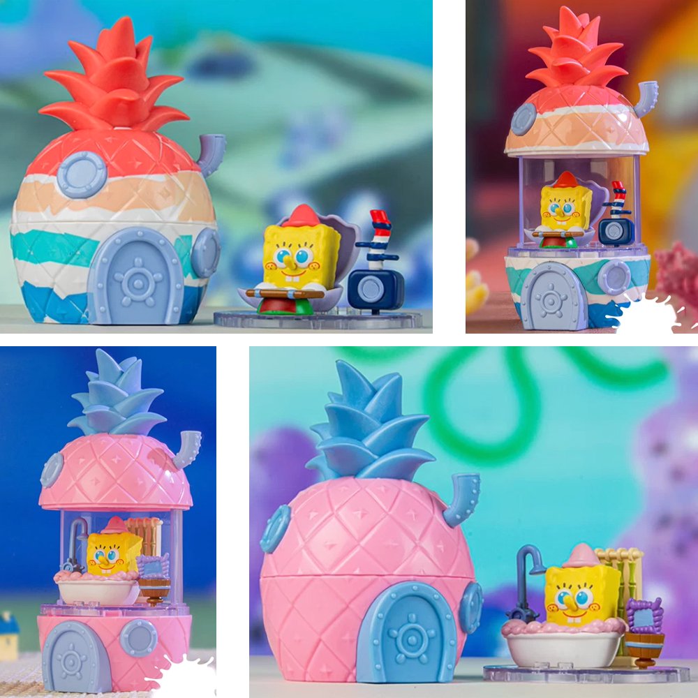 An officially collection of SpongeBob SquarePants "Home Sweet Pineapple" blind box figures in various colors, the pineapple exterior lifts to showcase a multi-level interior room