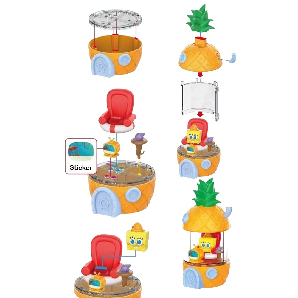 An officially collection of SpongeBob SquarePants "Home Sweet Pineapple" blind box figures in various colors, the pineapple exterior lifts to showcase a multi-level interior room