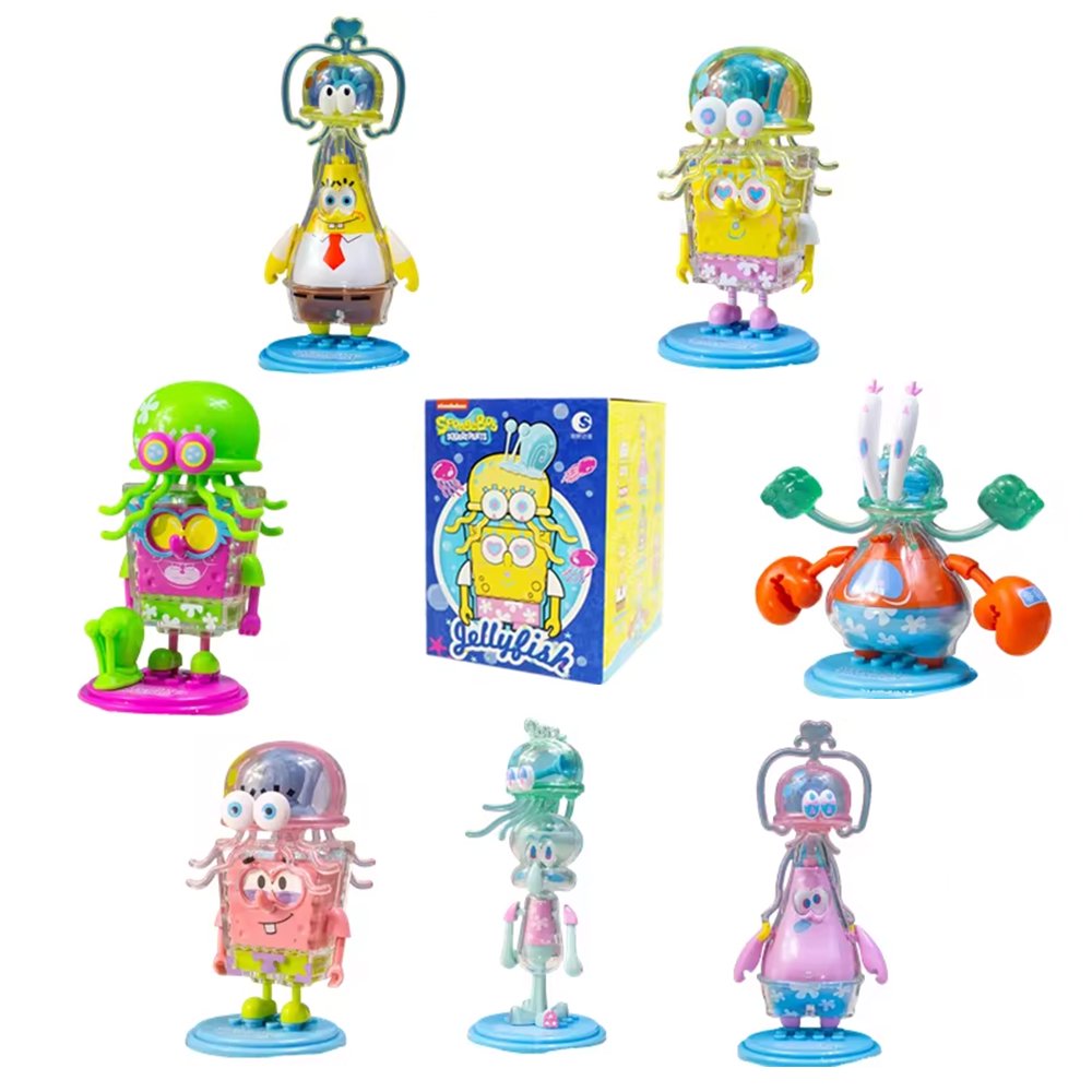 An officially licensed collection of SpongeBob SquarePants jellyfish-themed blind box figures shown with their colorful retail packaging
