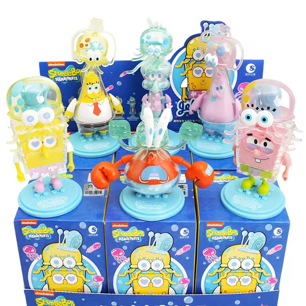 An officially licensed collection of SpongeBob SquarePants jellyfish-themed blind box figures shown with their colorful retail packaging