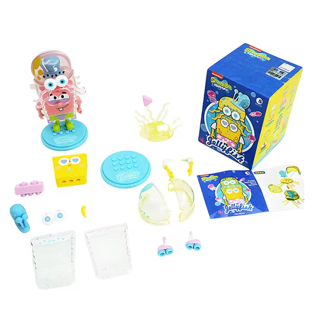 An officially licensed collection of SpongeBob SquarePants jellyfish-themed blind box figures shown with their colorful retail packaging