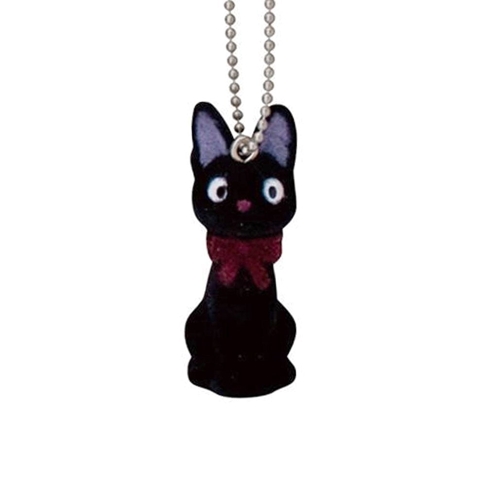 Officially licensed Studio Ghibli Kiki's Delivery Service Jiji the black cat flocked keychain with a red bow and soft fuzzy texture, suspended by a silver ball chain.