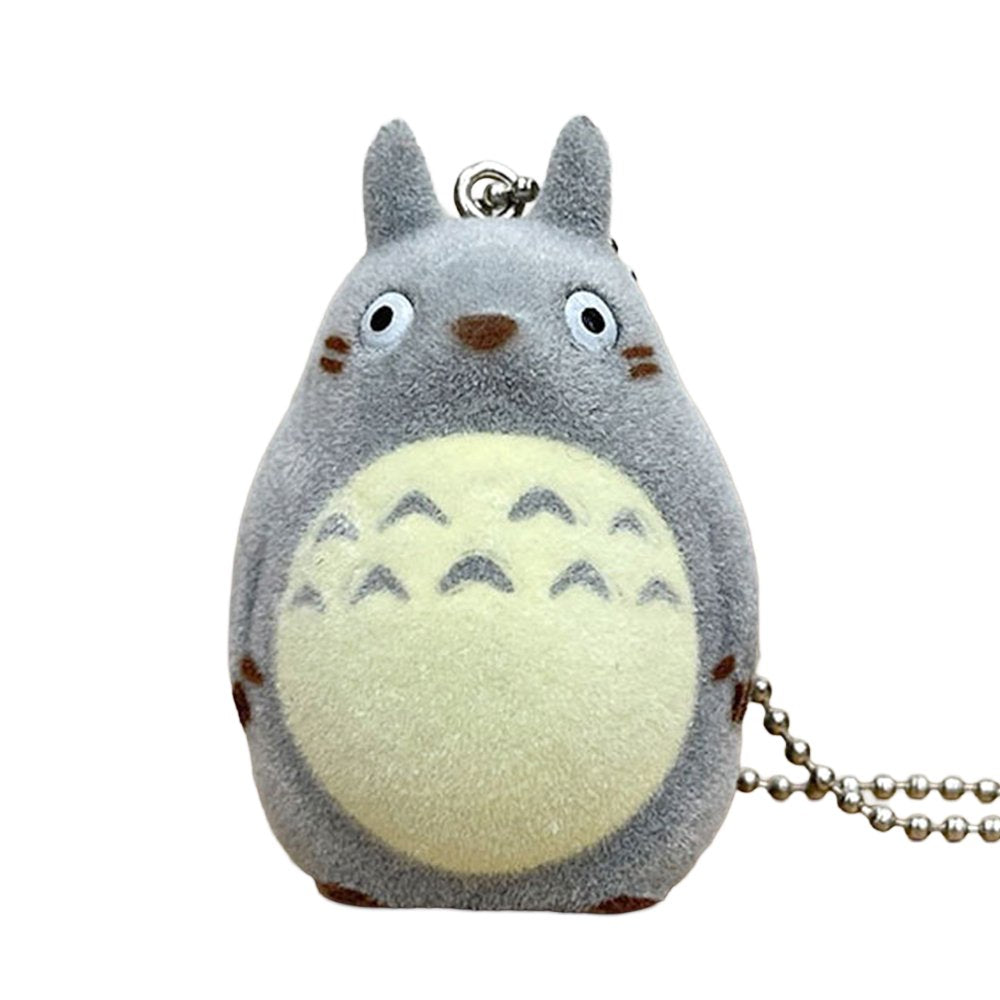 Officially licensed Studio Ghibli My Neighbor Totoro Big grey flocked keychain figure with ball chain, featuring a soft fuzzy texture.