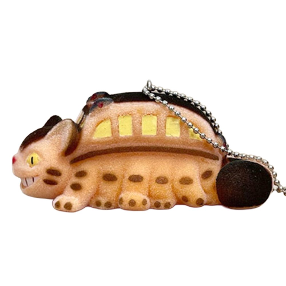 Officially licensed Studio Ghibli Catbus flocked keychain figure with a fuzzy texture, yellow glowing eyes, and wide grin, featuring a silver ball chain.