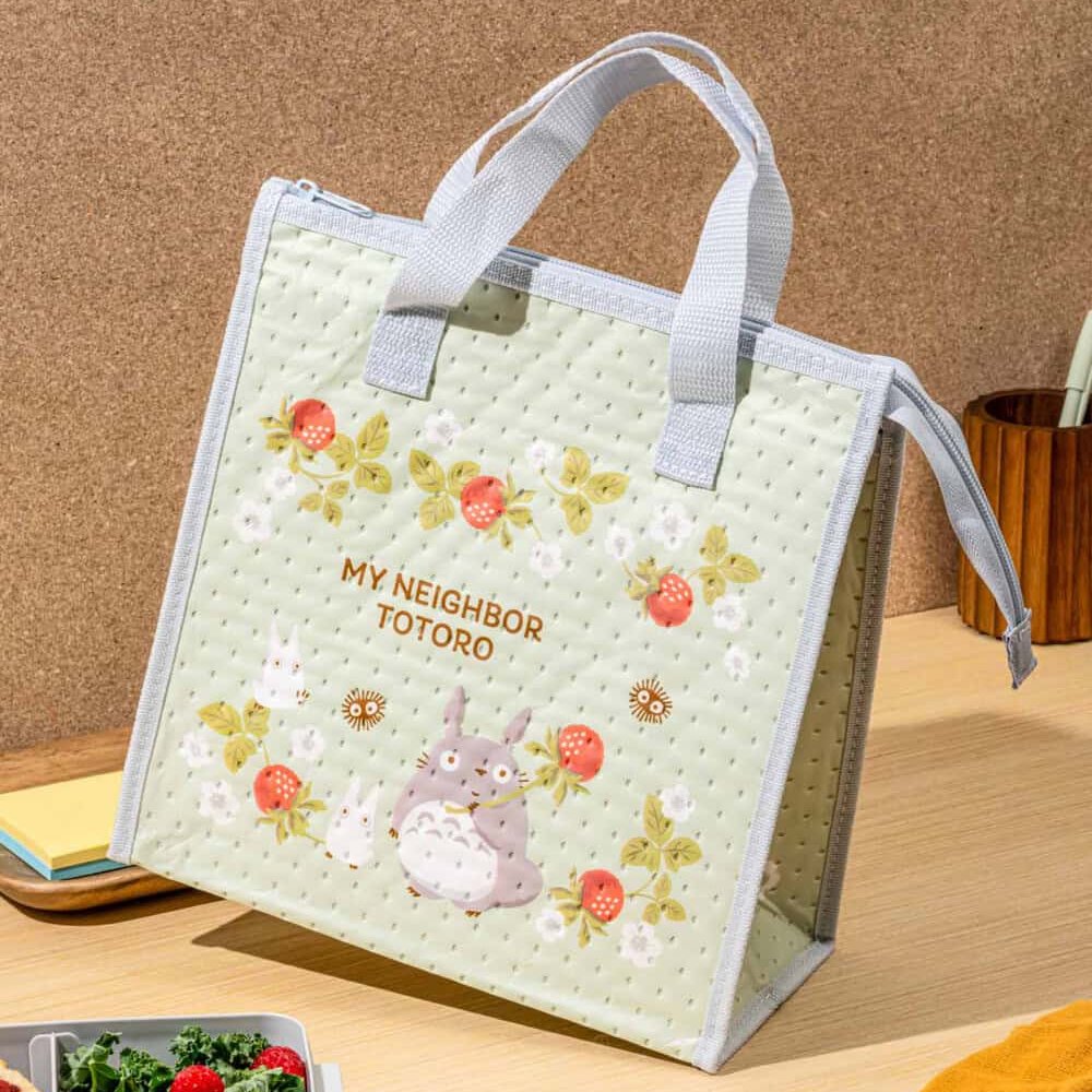 Officially licensed My Neighbor Totoro Skater insulated tote bag in light sage green featuring raspberries, white flowers, and Totoro