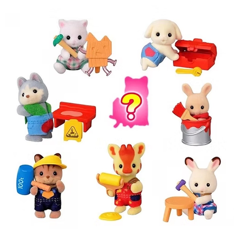 A collection of eight officially licensed Sylvanian Families baby figures in DIY themes, including a cat with a hammer, a giraffe with a paint roller, and a rabbit in a paint bucket. A pink question mark silhouette represents the eighth mystery figure in the series.