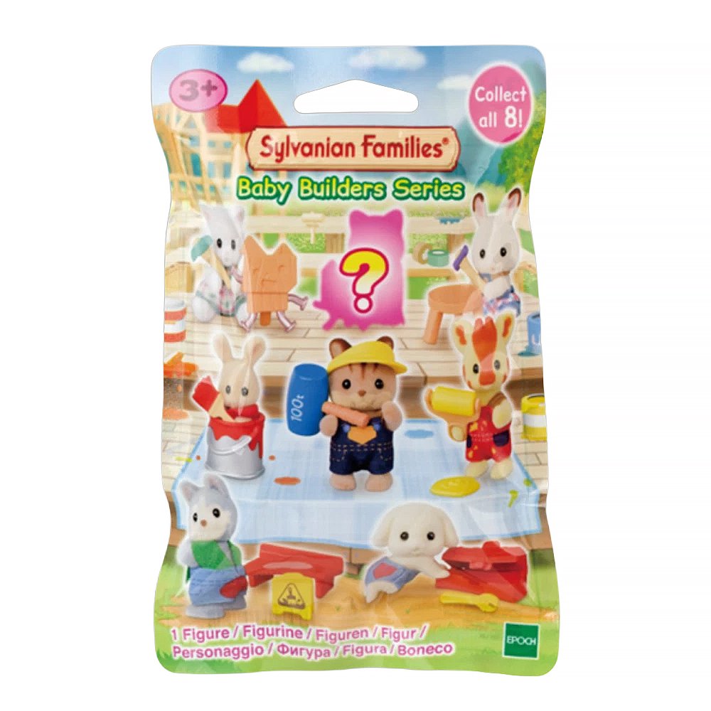 A collection of eight officially licensed Sylvanian Families baby figures in DIY themes, including a cat with a hammer, a giraffe with a paint roller, and a rabbit in a paint bucket. A pink question mark silhouette represents the eighth mystery figure in the series.