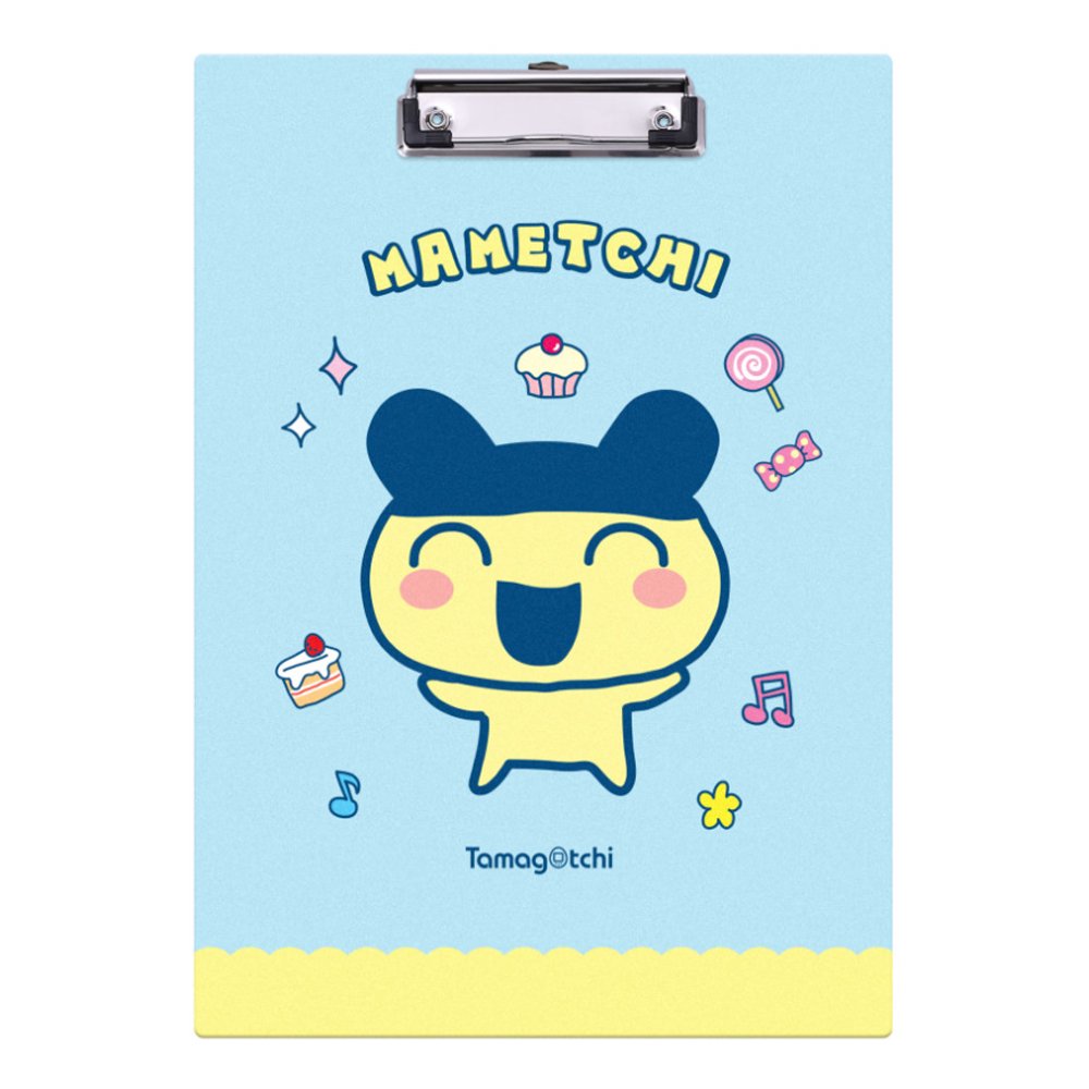 Two officially licensed Tamagotchi clipboards: one light blue featuring Mametchi with cupcakes and sweets, and one pale yellow featuring Kuchipatchi with stars and snacks. Both clipboards include a silver metal clip and the official Tamagotchi logo.