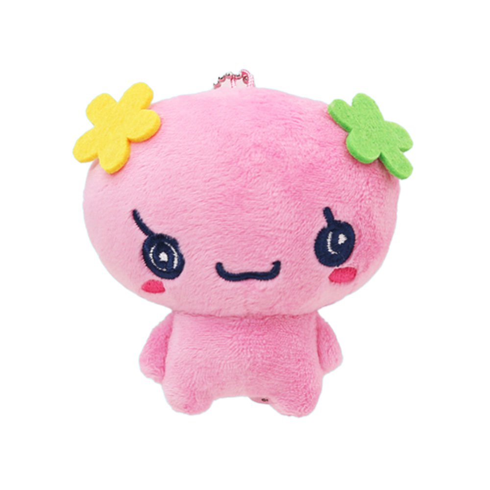Officially licensed Tamagotchi plush keychain of the character Floritchi, featuring a pink body with yellow and green felt flower accessories on its head and a ball-chain attachment for bags or keys.