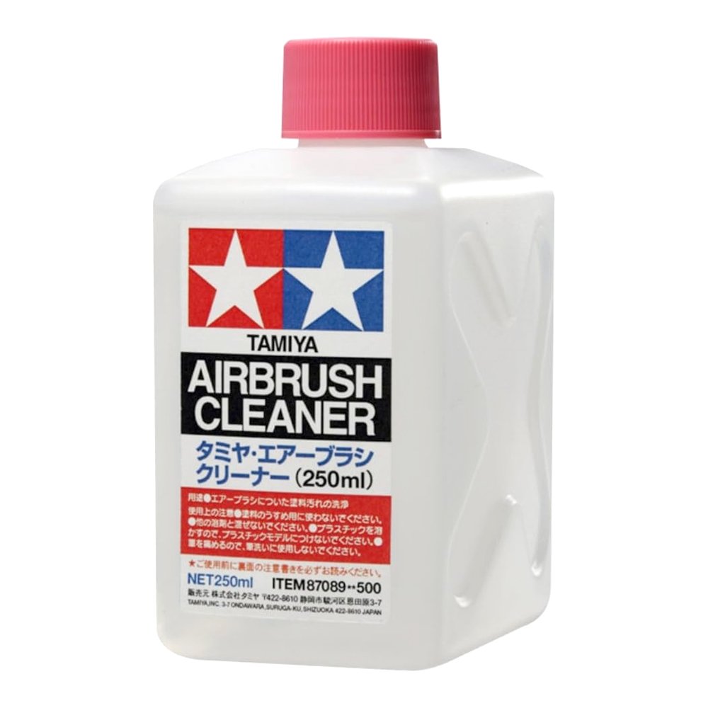 Tamiya Airbrush Cleaner 250ml bottle that is formulated to effectively cut through tough acrylic, enamel, and lacquer paints to keep internal airbrush mechanisms clean