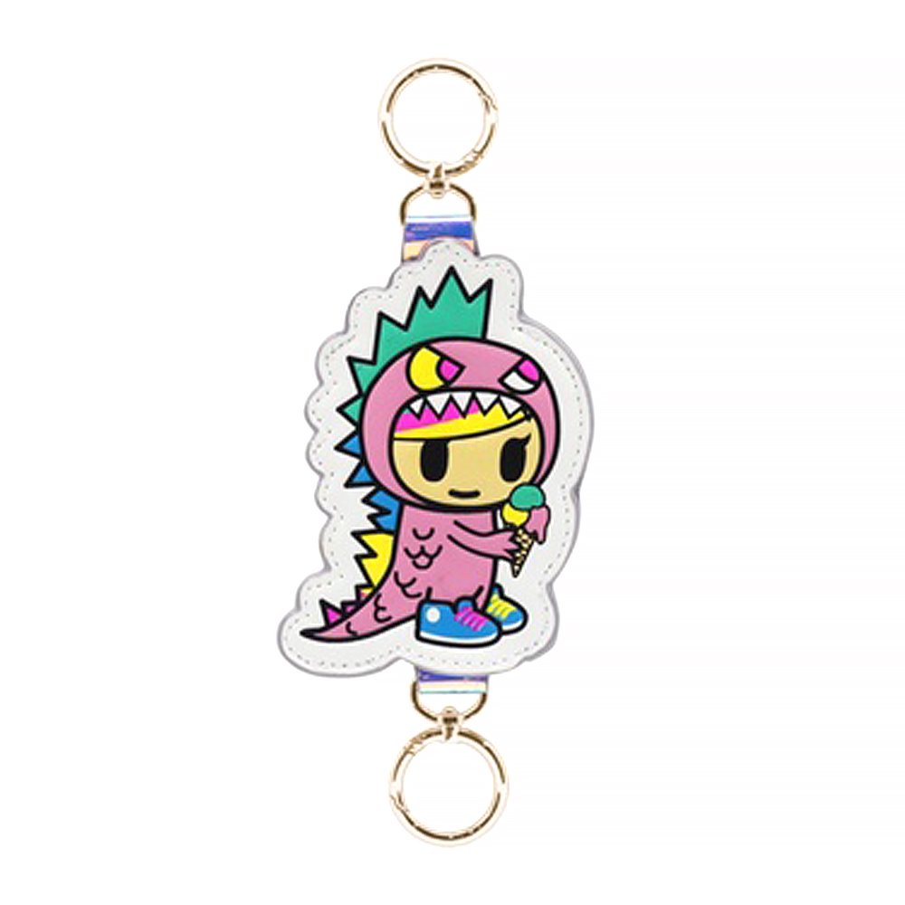 An officially licensed Tokidoki faux-leather key charm displaying the character Little Terror in a pink dinosaur outfit holding an ice cream cone, fitted with dual gold key rings at top and bottom
