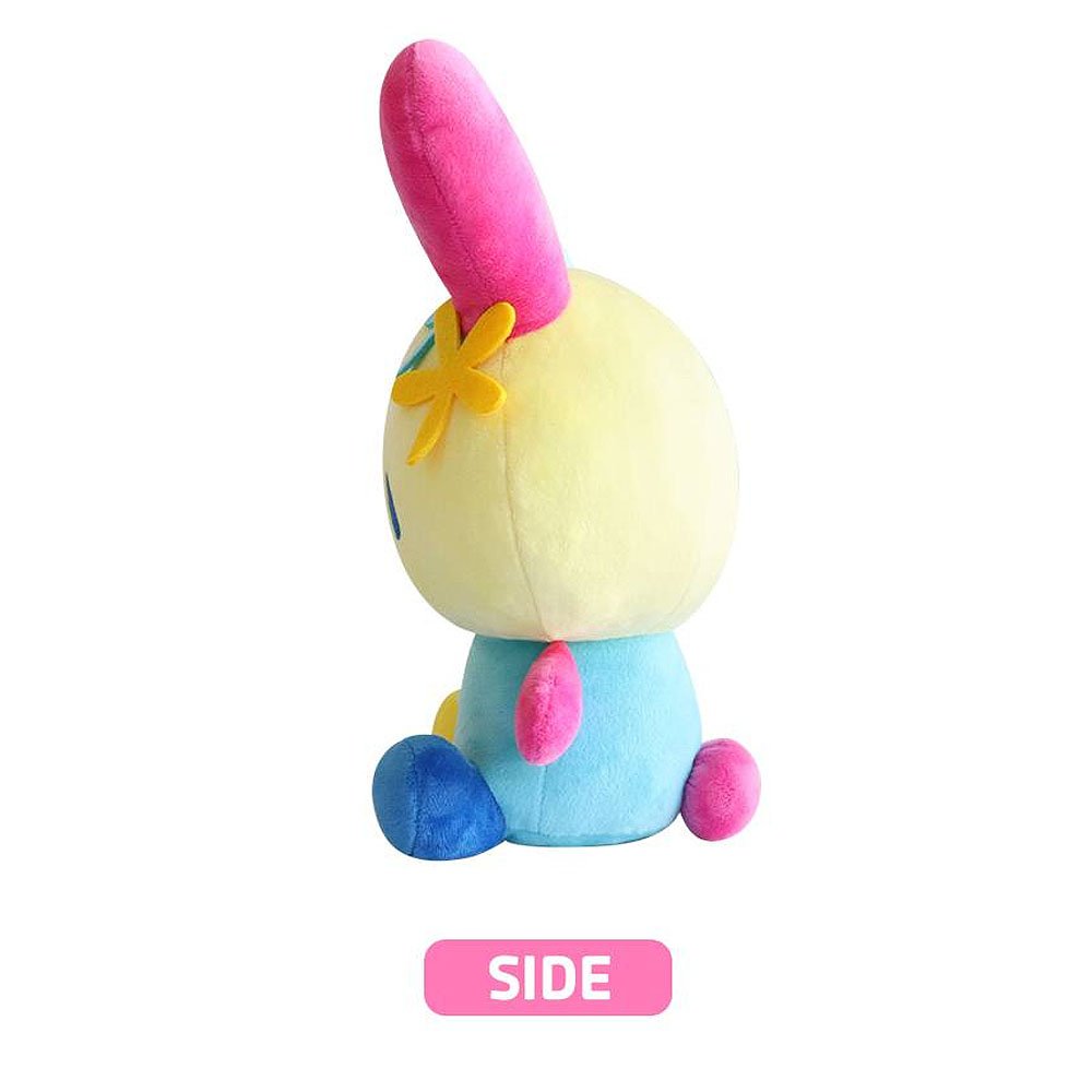 A colorful Usahana plush toy resembling a rabbit with blue ears, yellow body, and pink details, against a white background.